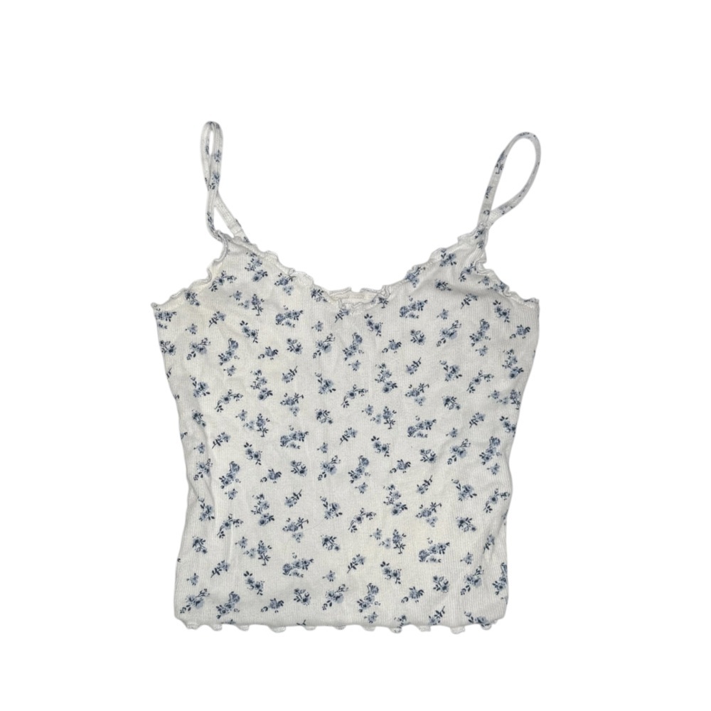 Hollister Lettuce Trimmed Floral Top Blue White Size Medium Dainty Sleeveless